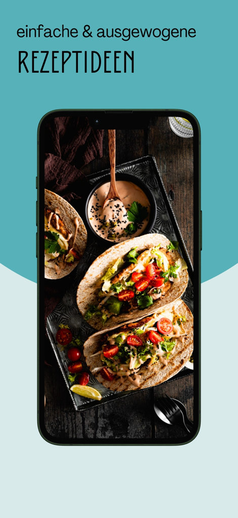 EMF Content - Una pantalla de teléfono móvil que muestra recetas saludables de tacos de la aplicación EMF Content