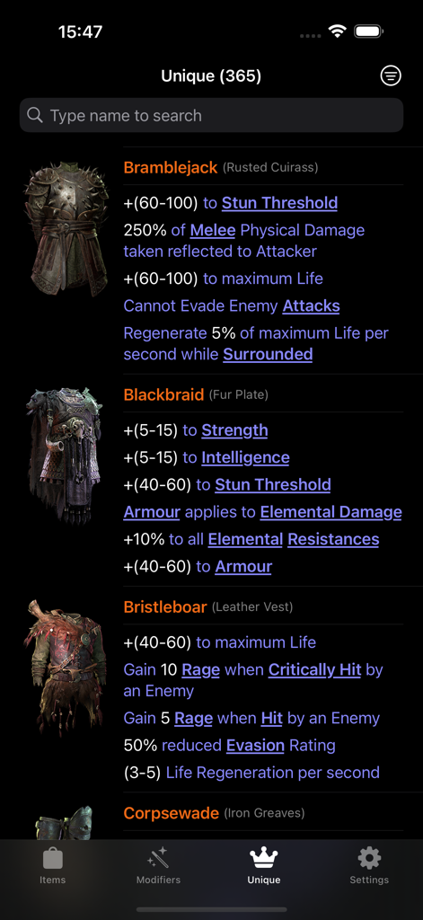 A list of unique items in Path of Exile 2 showing stats for Bramblejack and Blackbraid in the Data of Exile app