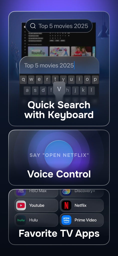 Universal TV Remote Control․ - Interfaz de la app de control remoto universal con búsqueda por teclado, control por voz y accesos directos a streaming.