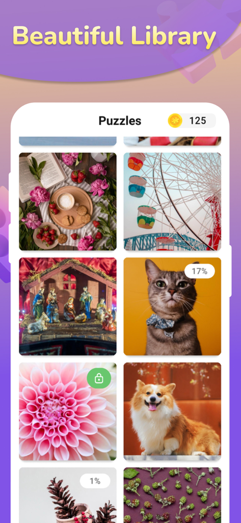 A menu showing different categories of jigsaw puzzles including pets flowers and landscapes