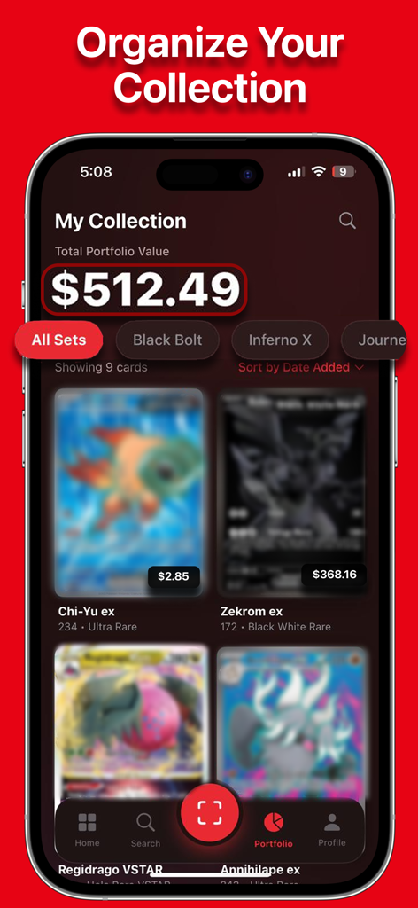 A mobile screen showing a pokemon card collection with a total portfolio value of 512 dollars and individual card prices