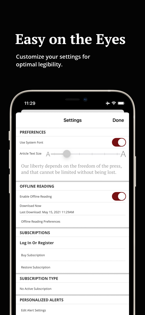 Sun Sentinel app settings screen showing article text size adjustment and offline reading options