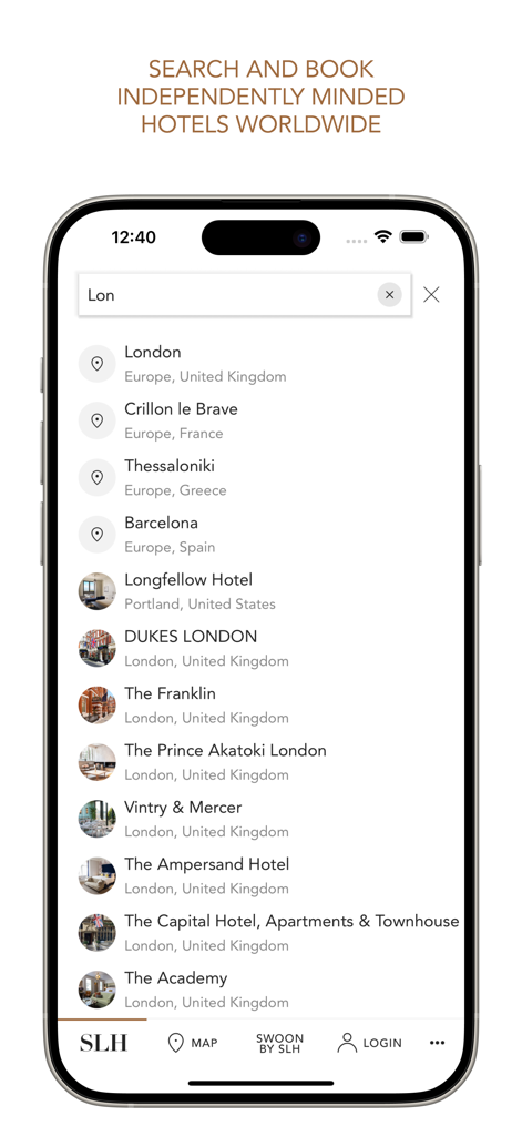 Small Luxury Hotels - Interface of the Small Luxury Hotels app showing a search for boutique hotels in London.