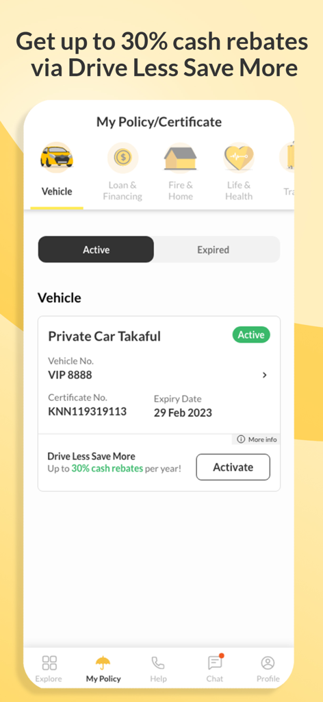 Etiqa plus app interface showing car insurance policy and cash rebate program