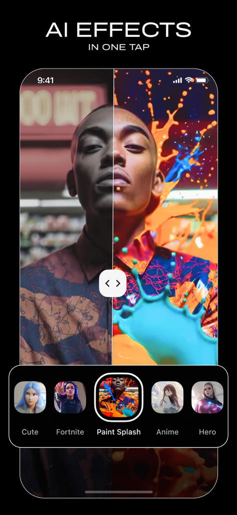 Geteilter Bildschirmvergleich eines Porträts vor und nach Anwendung eines lebendigen Farbklecks-KI-Effekts in der Vids AI App