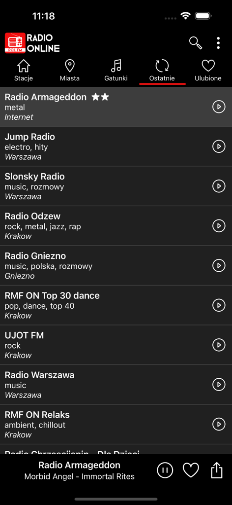 Radio Internetowe - Lista de estações de rádio polacas tocadas recentemente na interface da aplicação Rádio por Internet.