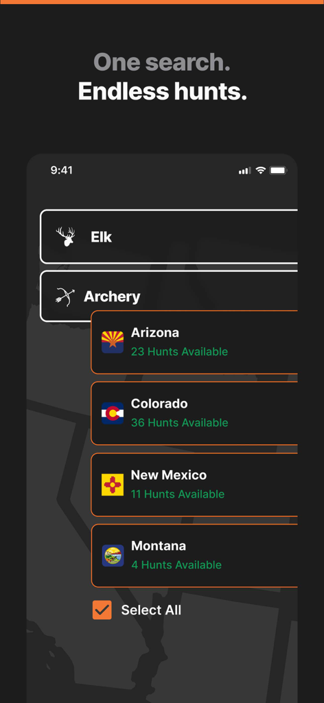 GOHUNT app search interface for elk archery hunts across western states