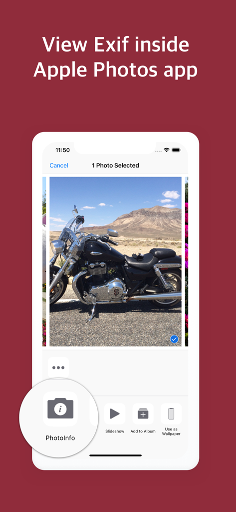 PhotoInfo -EXIF,GPS,remove GPS - Smartphone screen showing how to view EXIF metadata inside the Apple Photos app using the PhotoInfo extension.