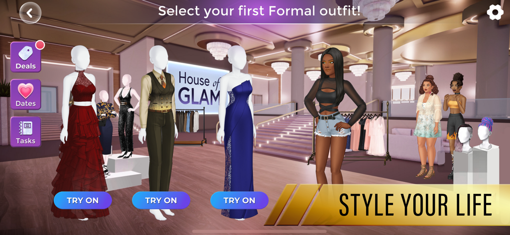 A character selecting a formal outfit from various gowns and suits in Episode Reality Stars