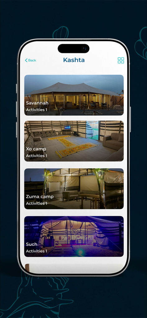 Waves: Stay, Sail & Ride - Interface de l'application Waves affichant des options de camp de luxe dans le désert à réserver