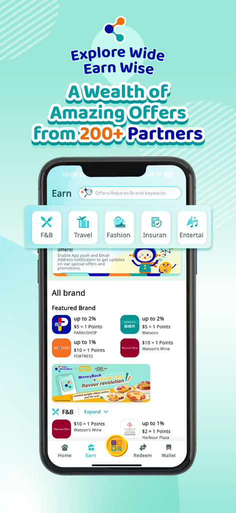 MoneyBack app interface displaying rewards and offers from over 200 partner brands including Watsons and PARKnSHOP.