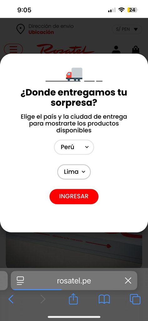 A pop-up window in the Rosatel app asking for delivery country and city with a truck icon and an Ingresar button.