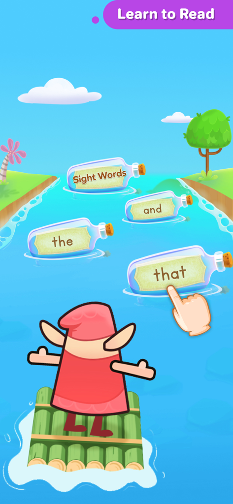 Splash Jr: PreK & Kindergarten - Children learning sight words in a fun river-themed educational game on Splash Jr.