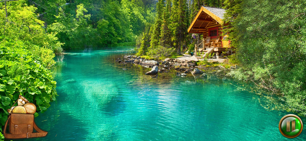The Lone Survivor - Adventure - Uma cabana de madeira serena ao lado de um lago azul-turquesa claro em uma floresta exuberante do jogo O Sobrevivente Solitário - Aventura.