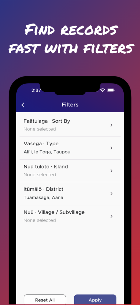 Filtros de busca no aplicativo Faalupega para classificar títulos honoríficos samoanos e vilas