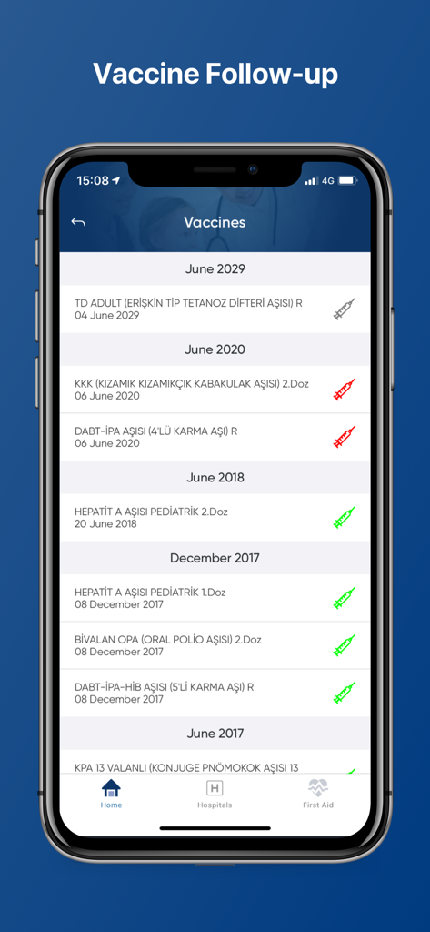 Pantalla de la aplicación móvil Acibadem que muestra el historial de vacunas de un paciente y el calendario de seguimiento
