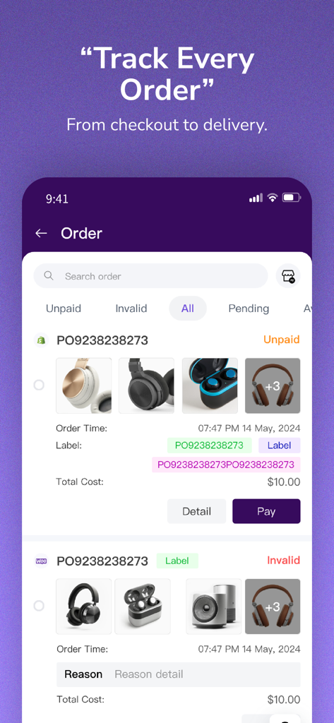 TeemDropのモバイルアプリ画面。チェックアウトから配送までのリアルタイム注文追跡と管理を表示しています