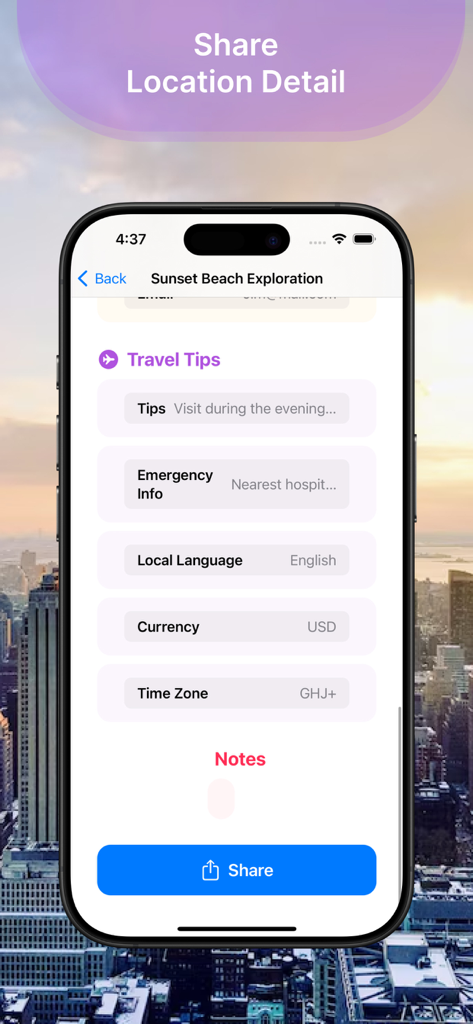 Tracking Maps Max+ - Mobile app screen showing travel tips and location details for sharing