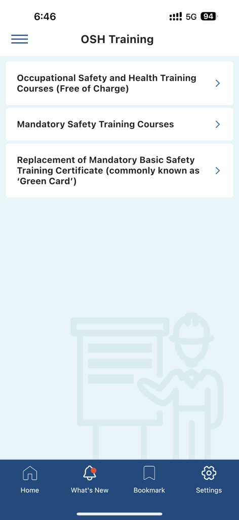OSH 2.0 - Captura de pantalla del menú de Cursos de Capacitación OSH en la aplicación OSH 2.0, que enumera cursos de seguridad gratuitos y obligatorios.