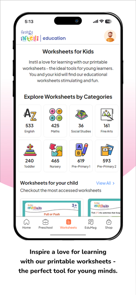 FirstCry Intelli Education - Screenshot of the FirstCry Intelli Education app displaying various categories of printable worksheets for kids including English and Maths