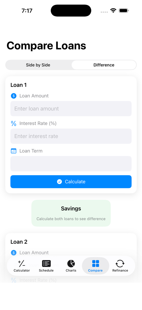 Loan Calc | حاسبة القروض - Pantalla de comparación de la aplicación Calculadora de Préstamos para análisis de interés y plazo de préstamos lado a lado.