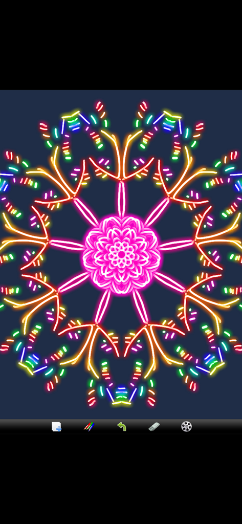 Kaleidoscope Drawing Pad - Un vibrante dibujo de caleidoscopio de neón con patrones simétricos brillantes.