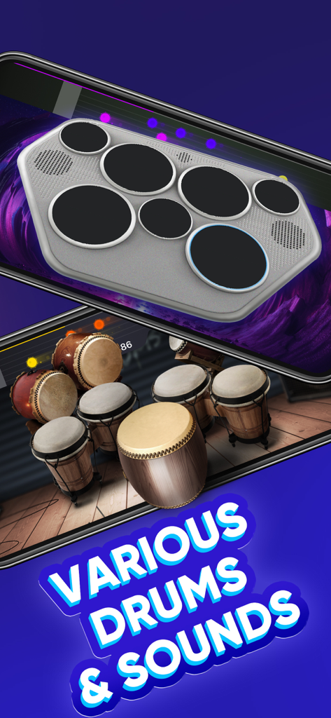 WeDrum mobile app showcasing different electronic and ethnic drum sets on two smartphones