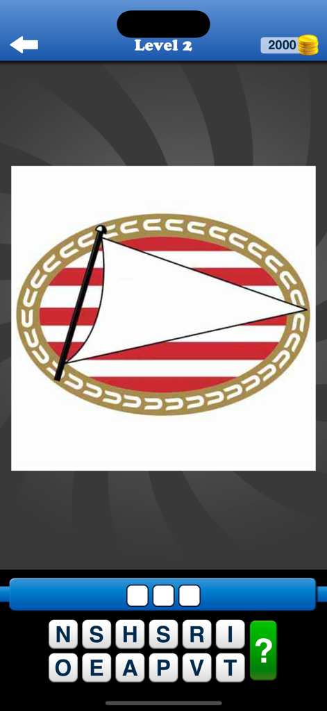 Whats the Badge? Football Quiz - A gameplay screenshot of the football badge quiz app showing a club logo to identify and a letter keyboard