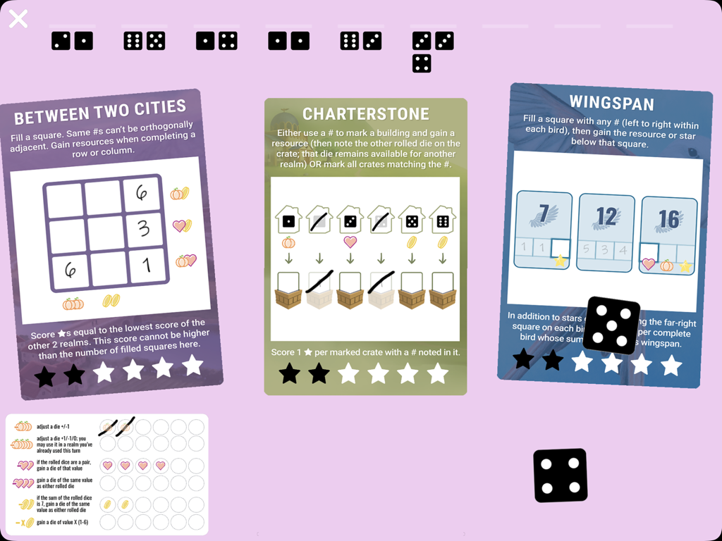 Rolling Realms - Gameplay of Rolling Realms showing various realm cards including Wingspan and Charterstone with dice