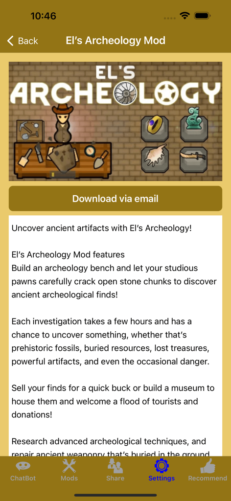 RimW - Game Mods (RW, Rim) - RimWアプリで、Els Archeology Modの詳細を表示するインターフェース