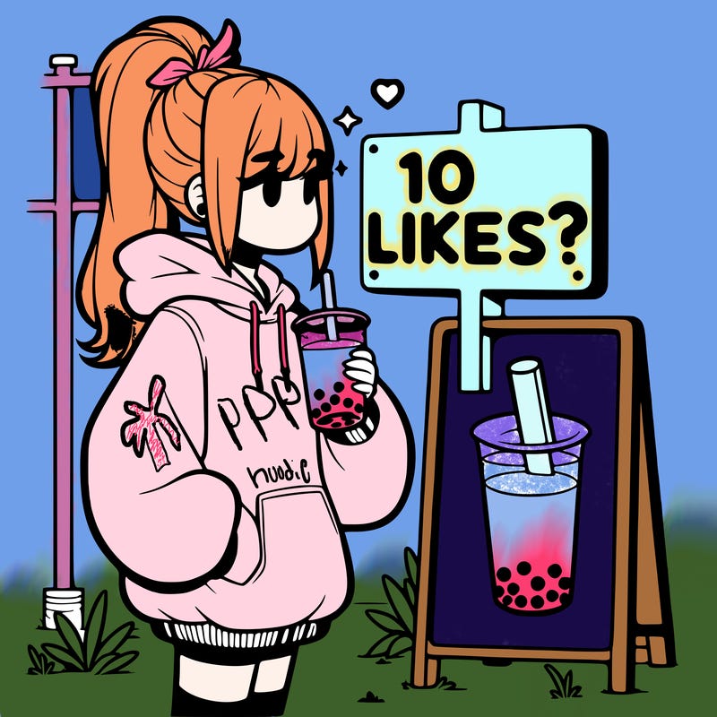 girl with oversized hoodie drinking boba and she has a high ponytail with a sign that says 10likes?