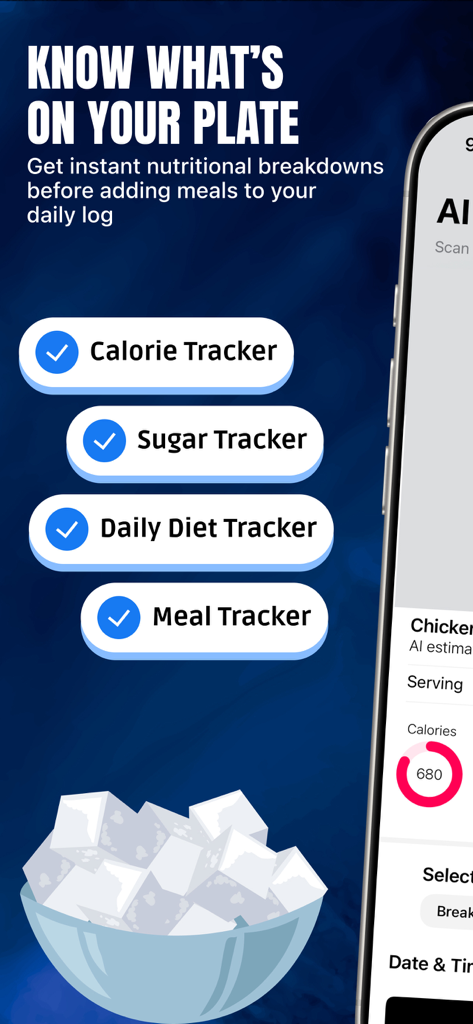 Calorie Deficit Tracker+ - Promotional screen of Calorie Deficit Tracker plus app showing nutritional tracking features for calories and sugar.
