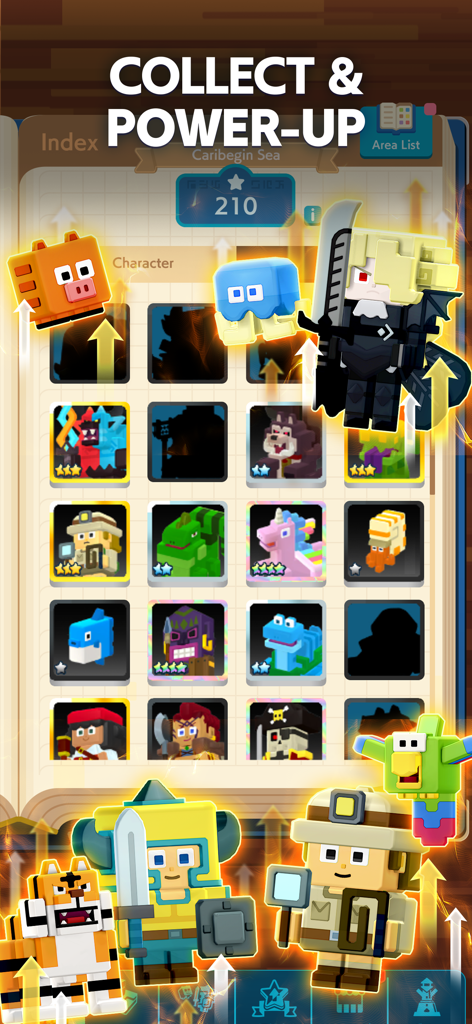 PANDOLAND: Discovery RPG - Voxel style character collection and power up screen in PANDOLAND Discovery RPG