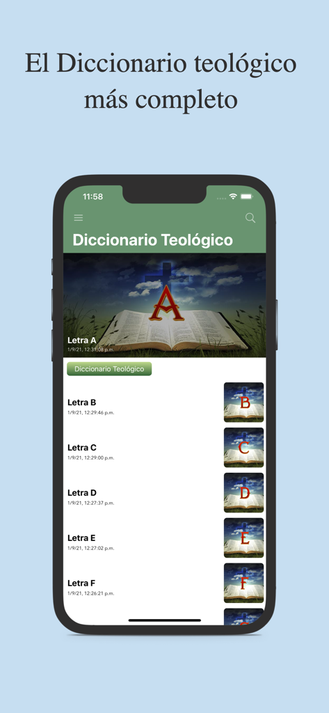 Estudios Bíblicos Profundos - Interfaz de la sección del diccionario teológico en la aplicación Estudios Biblicos Profundos mostrando una lista de entradas organizadas por letra.