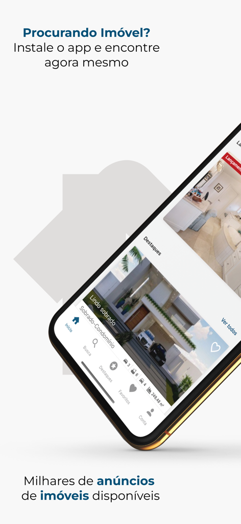 Um smartphone exibindo o aplicativo InfoImoveis com listagens de imóveis