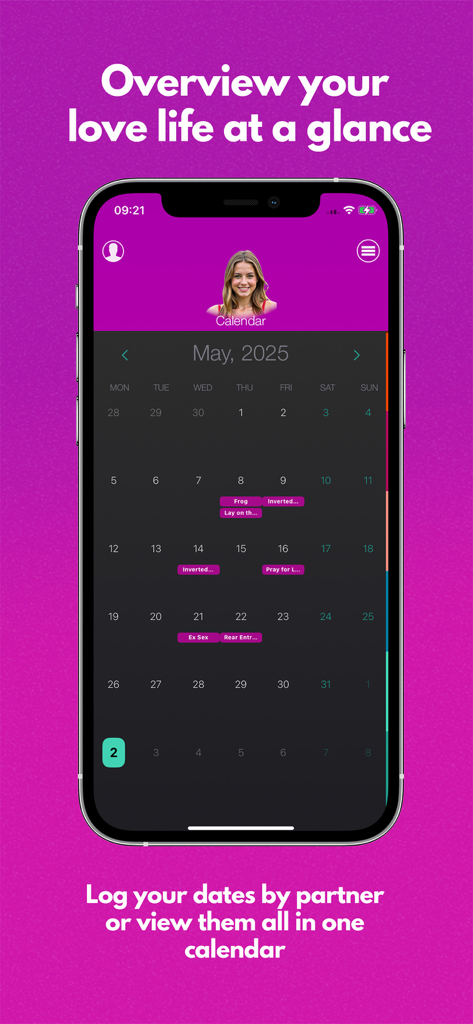 Monthly calendar view in the SexOrganizer app showing a log of sexual activities and positions