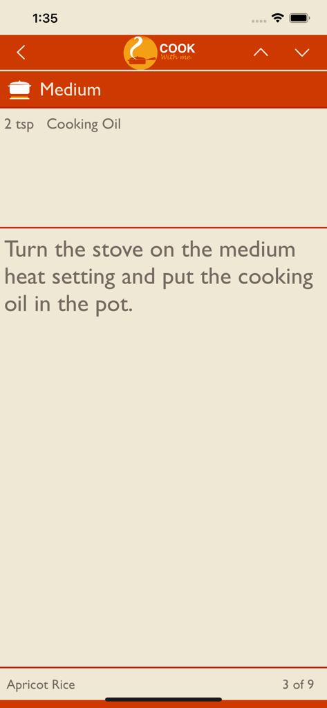 Cook With Me - Clear and large format recipe instruction for Apricot Rice in the Cook With Me app