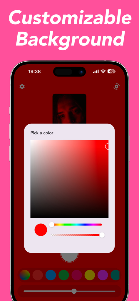 GlowCam - Glow Cam & Light Cam - App GlowCam mostrando um seletor de cores para personalizar fundos de iluminação de selfies