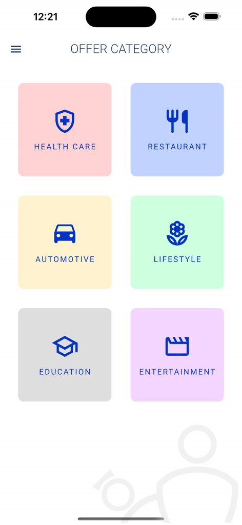 UNIQ Qatar mobile app display showing offer categories including healthcare restaurant automotive lifestyle education and entertainment