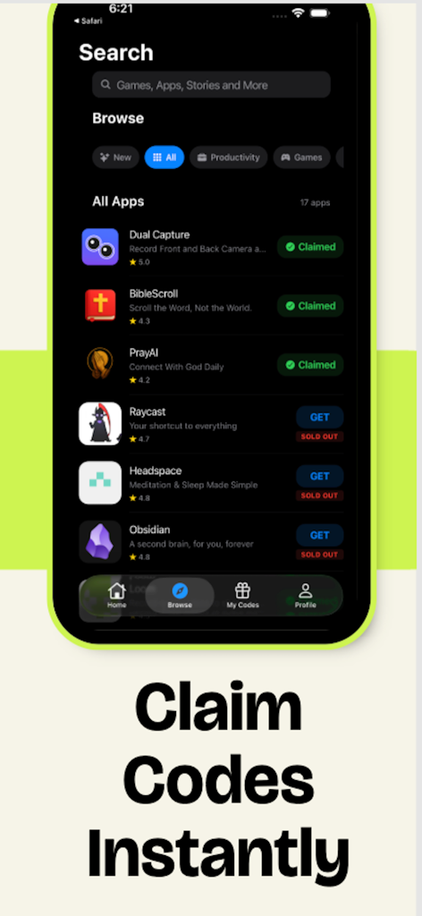 GetFree app screen showing a list of indie apps with options to claim promo codes