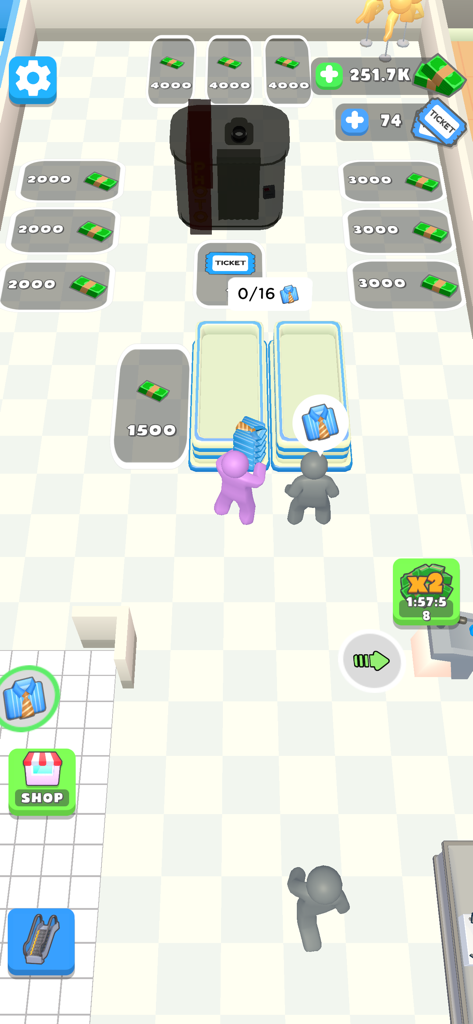 Shopping Mall 3D - A pink character stocks a clothing rack with shirts in an idle arcade mall management game.