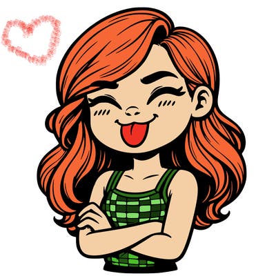 realistic girl crossing her arms and wearing a tank top with her tongue held out she has long hair