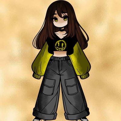 cute girl with straight hair in baggy jeans and a crop top and a sweater