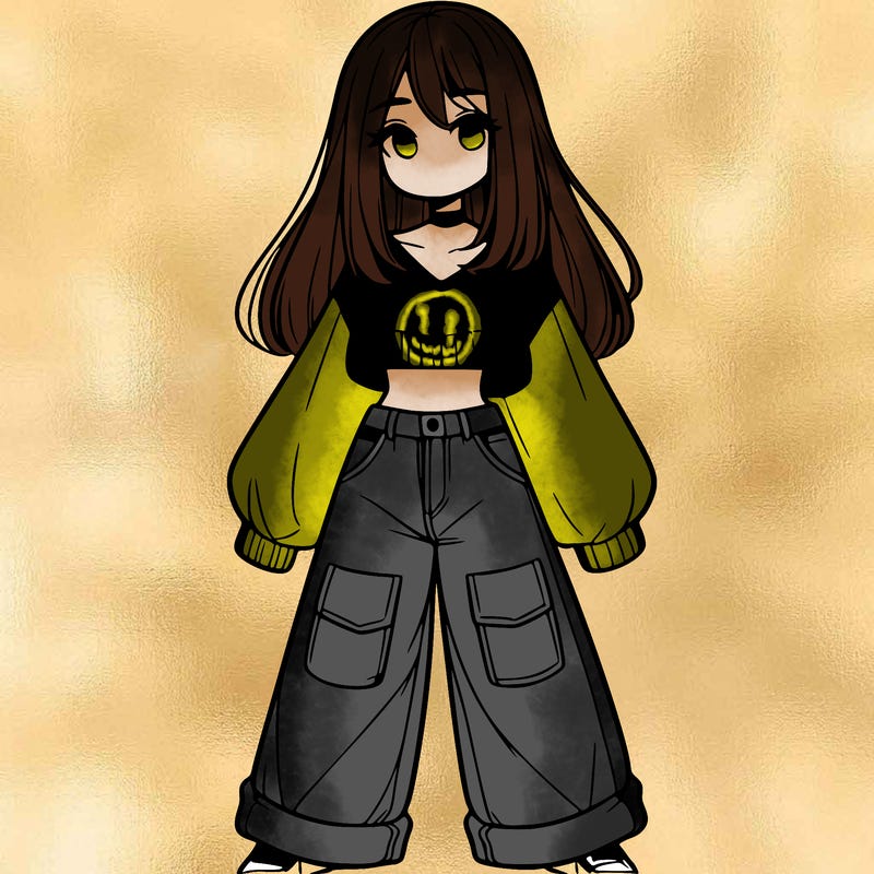 cute girl with straight hair in baggy jeans and a crop top and a sweater