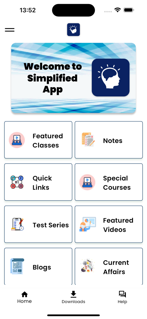 Simplifiedminds - Simplifiedminds mobile app dashboard featuring sections for featured classes notes test series and current affairs