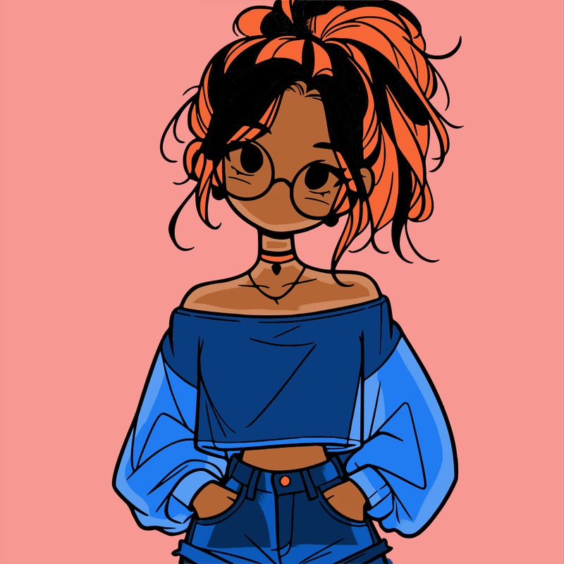 girl with a messy ponytail glasses a baggy crop top and jean shorts