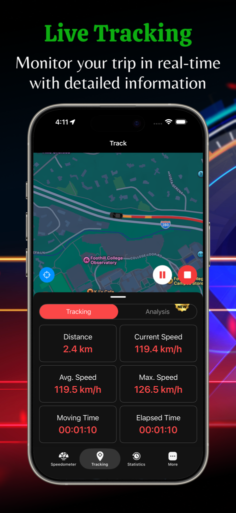 GPS Speedometer app interface showing live trip tracking on a map with real-time speed and distance metrics.