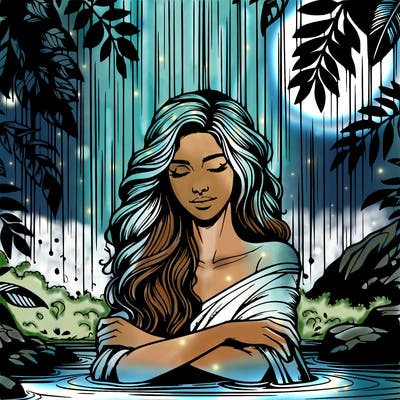 realistic female model under waterfall