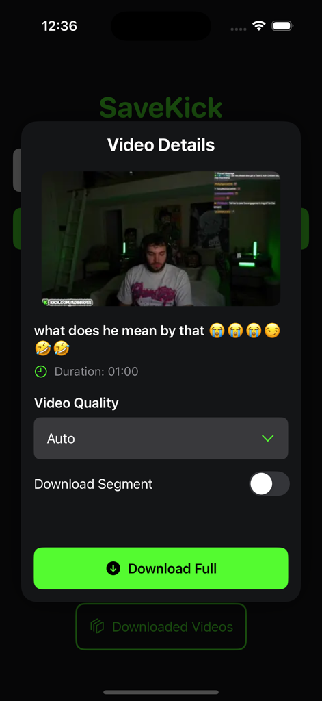 SaveKick app interface showing video details and a download button for a Kick stream clip