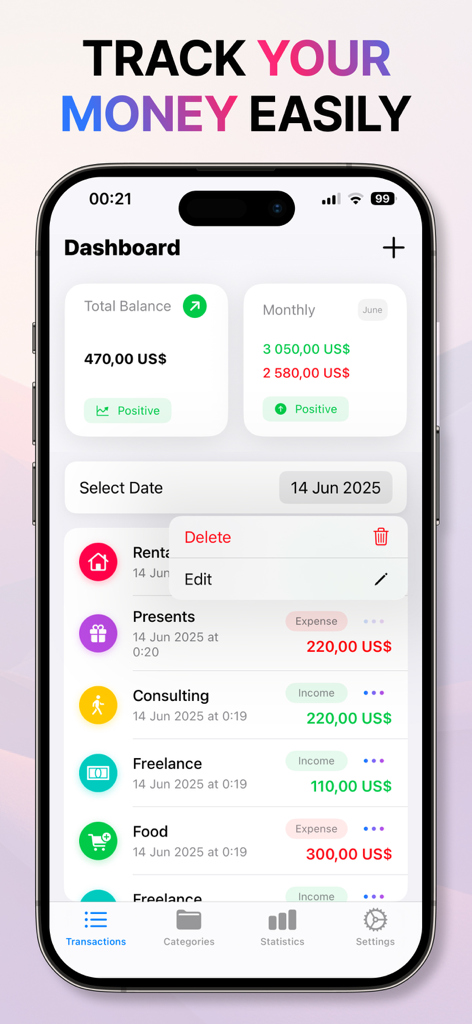 Money Manager & Budget App - Money Manager app dashboard showing account balance and recent transactions on an iPhone.
